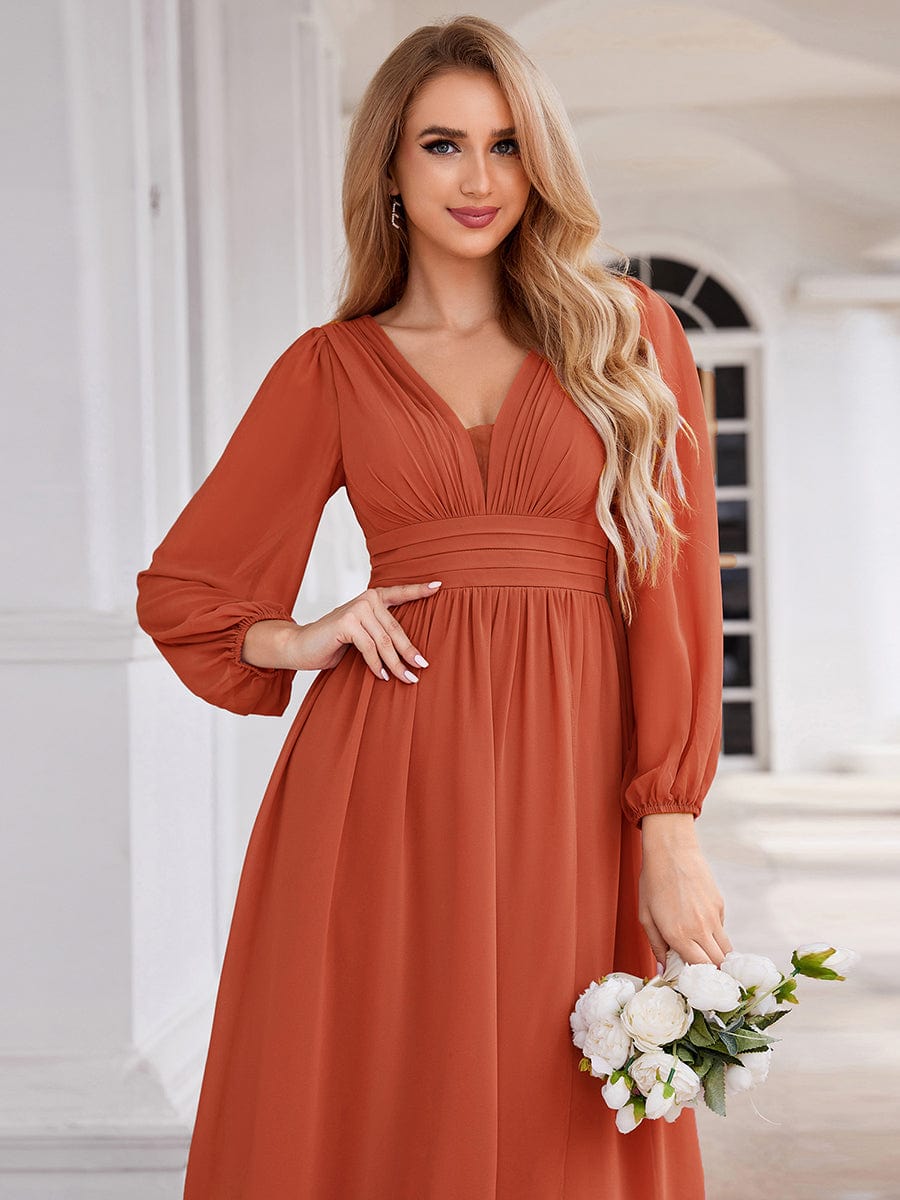 A-Line Pleated See-Through Long Lantern Midi Chiffon Bridesmaid Dress #color_Burnt Orange