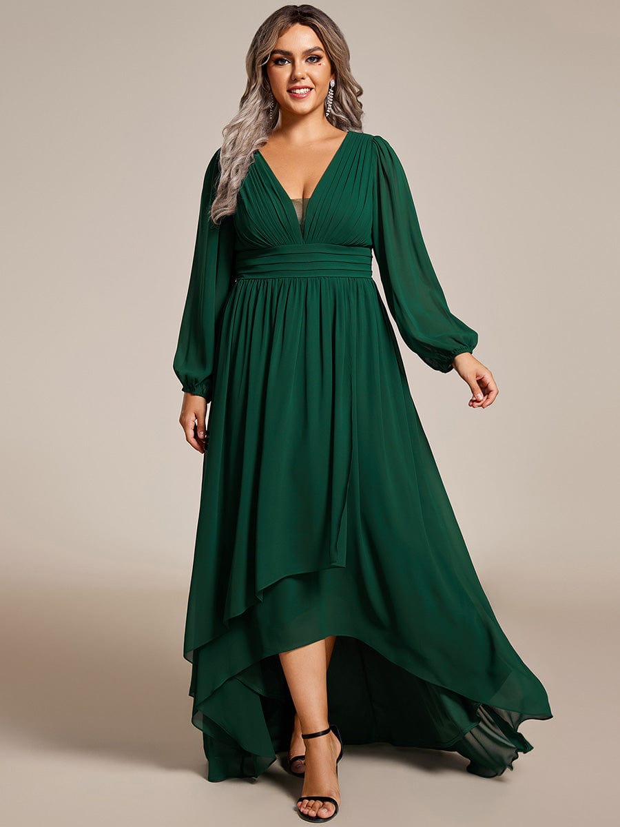 Plus Size V-Neck Long Lantern Sleeves A-Line Chiffon Bridesmaid Dress #color_Dark Green