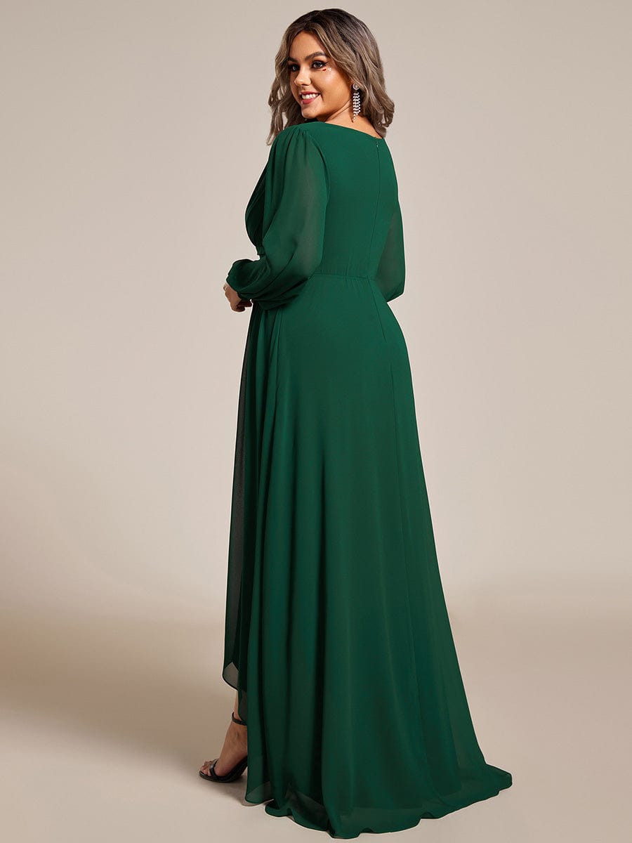 Plus Size V-Neck Long Lantern Sleeves A-Line Chiffon Bridesmaid Dress #color_Dark Green