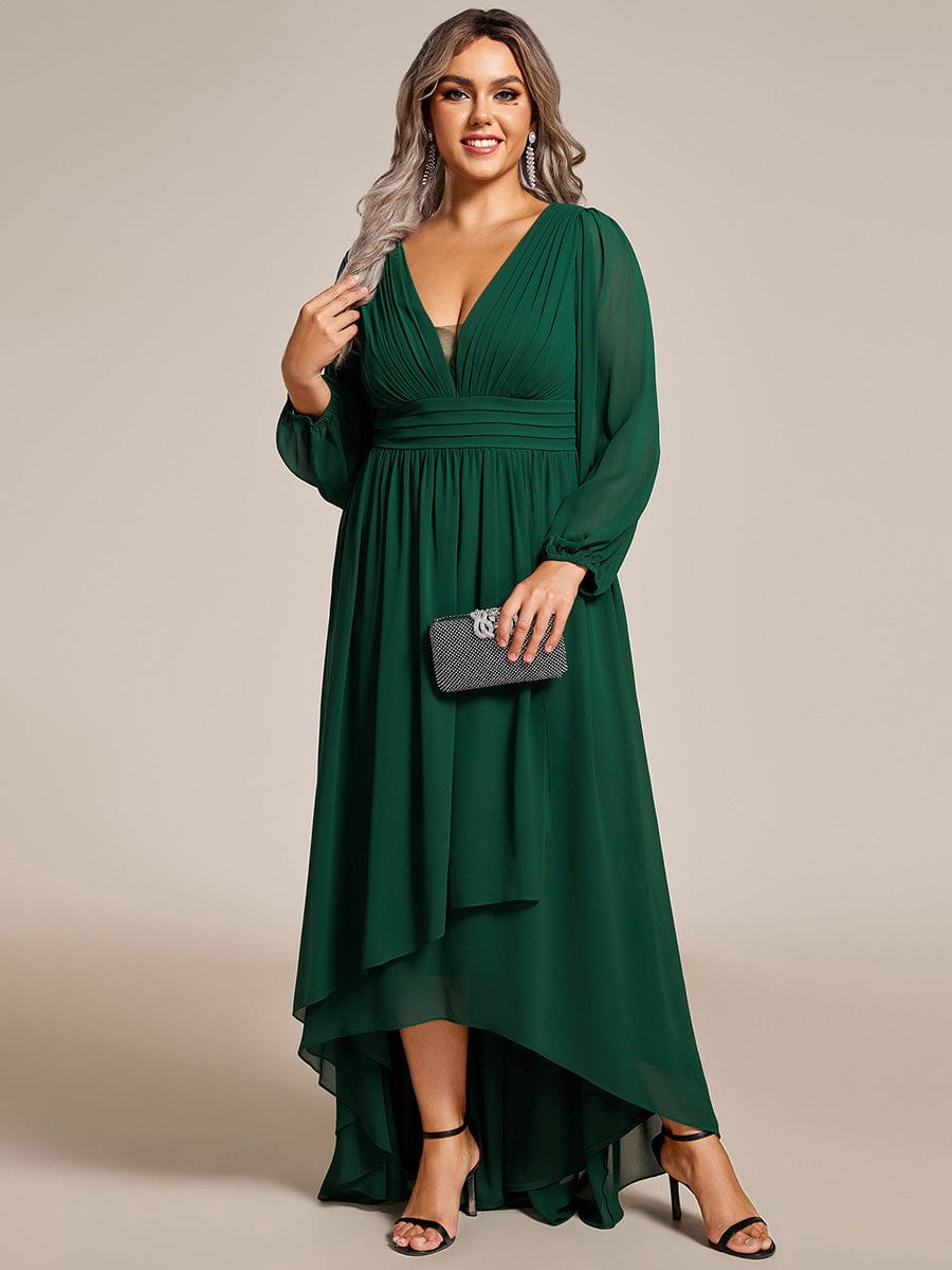 Plus Size V-Neck Long Lantern Sleeves A-Line Chiffon Bridesmaid Dress #color_Dark Green