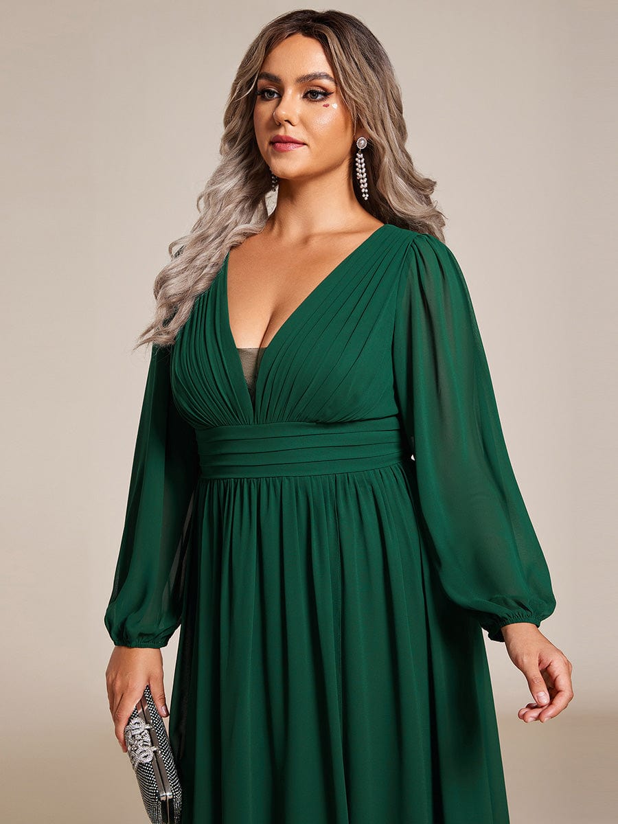 Plus Size V-Neck Long Lantern Sleeves A-Line Chiffon Bridesmaid Dress #color_Dark Green