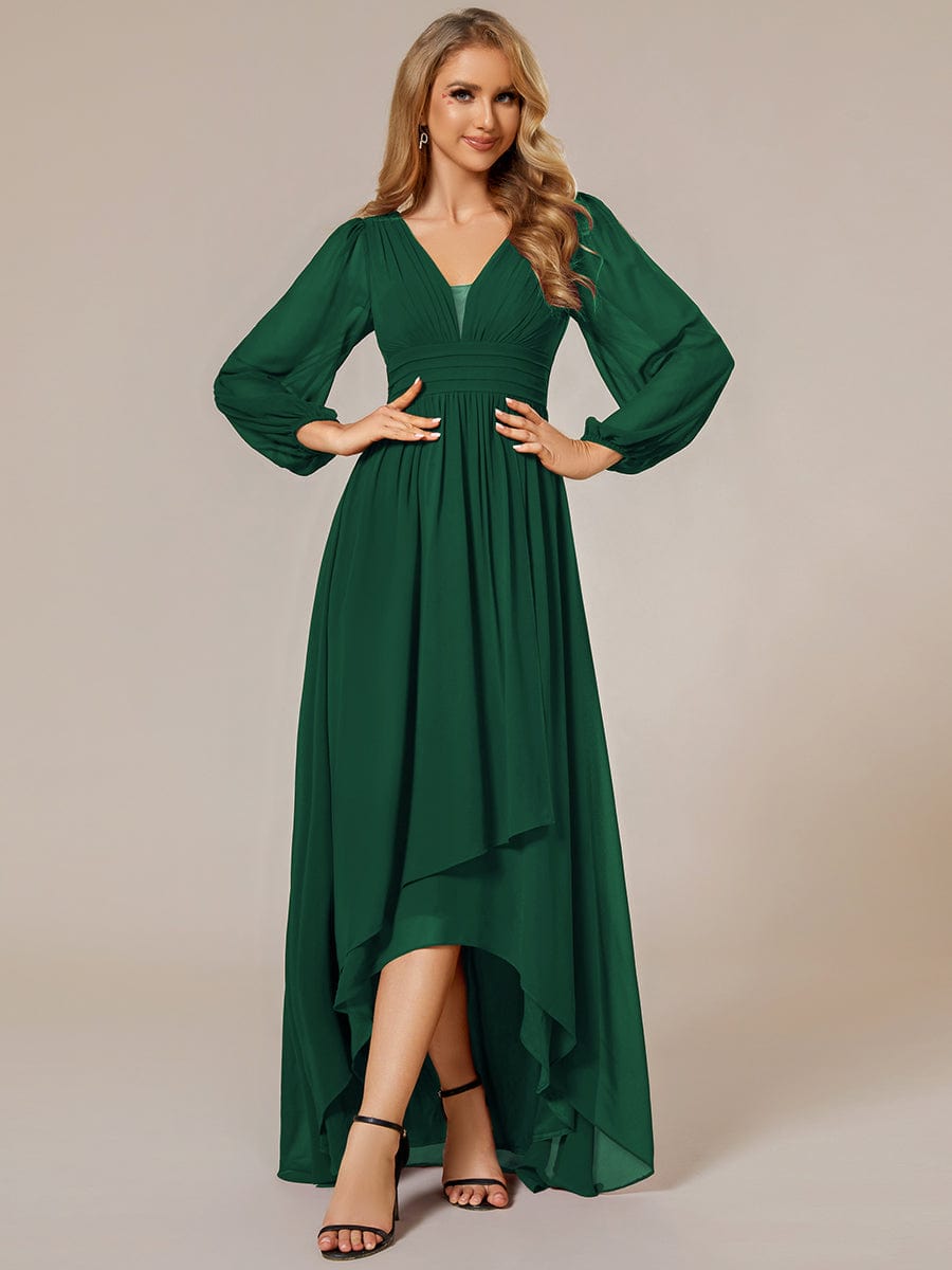 A-Line Pleated See-Through Long Lantern Midi Chiffon Bridesmaid Dress #color_Dark Green