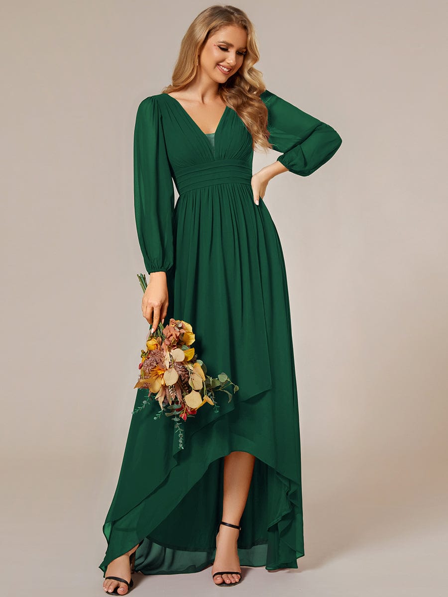 A-Line Pleated See-Through Long Lantern Midi Chiffon Bridesmaid Dress #color_Dark Green