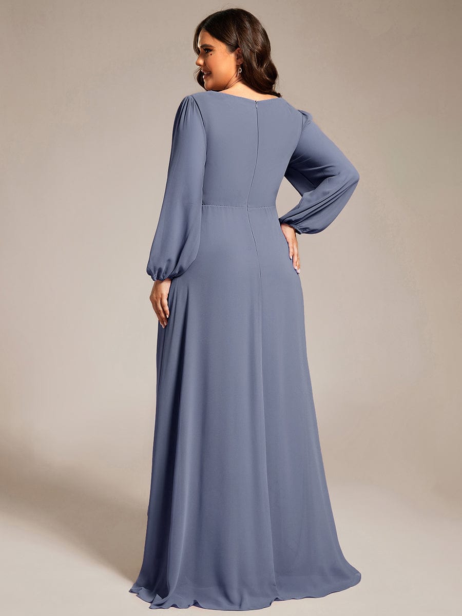 A-Line Pleated See-Through Long Lantern Midi Chiffon Bridesmaid Dress #color_Dusty Navy