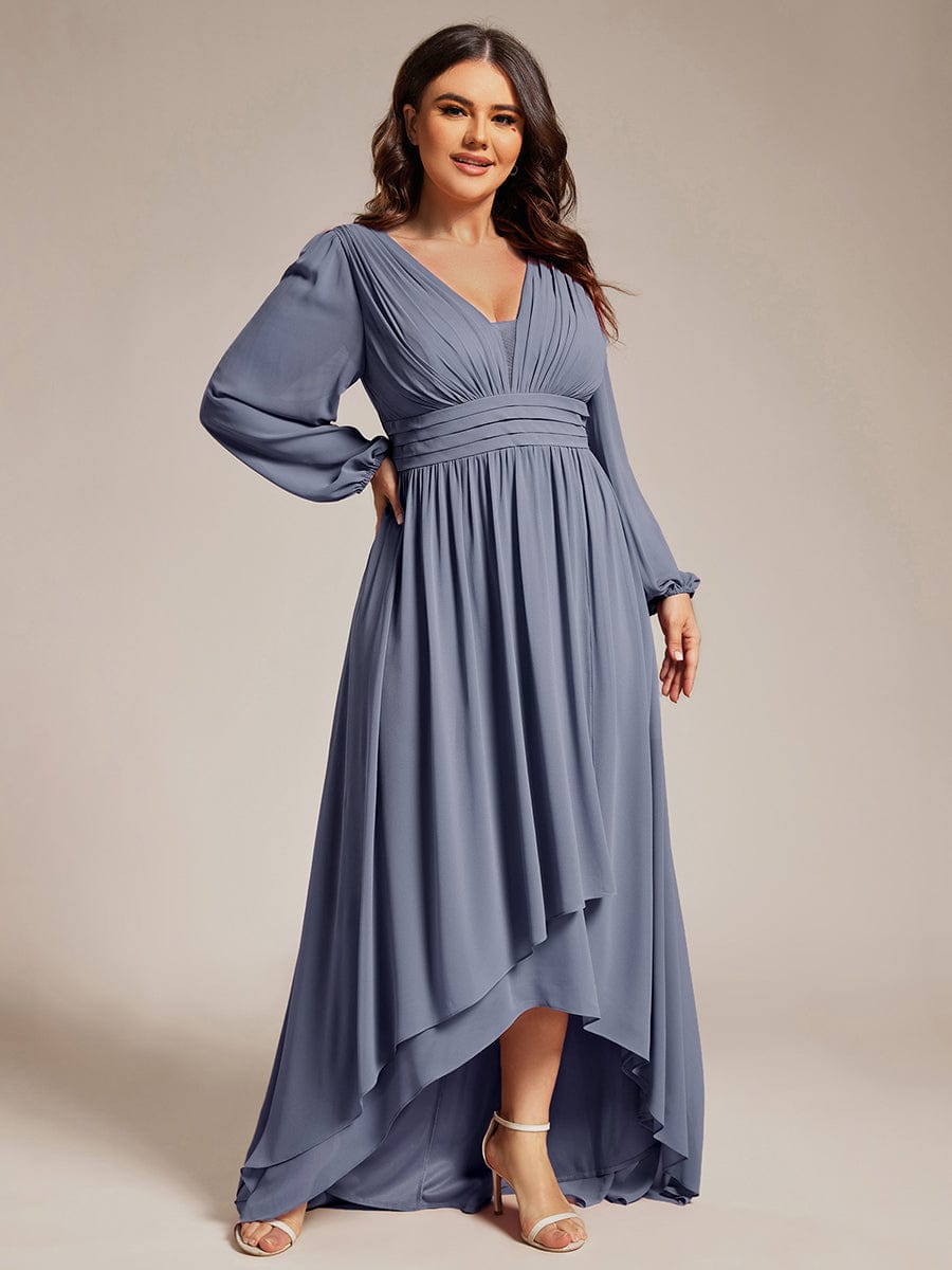 A-Line Pleated See-Through Long Lantern Midi Chiffon Bridesmaid Dress #color_Dusty Navy