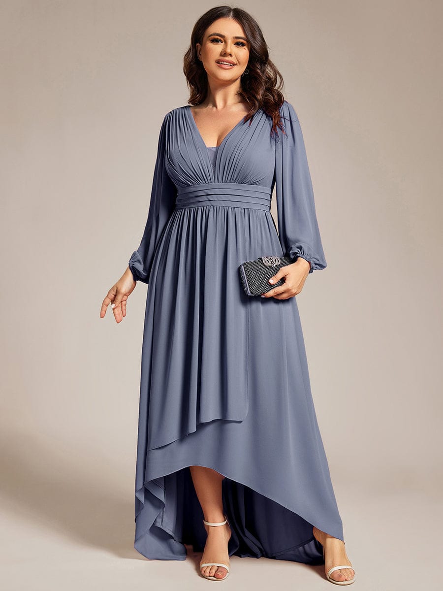 Plus Size V-Neck Long Lantern Sleeves A-Line Chiffon Bridesmaid Dress #color_Dusty Navy