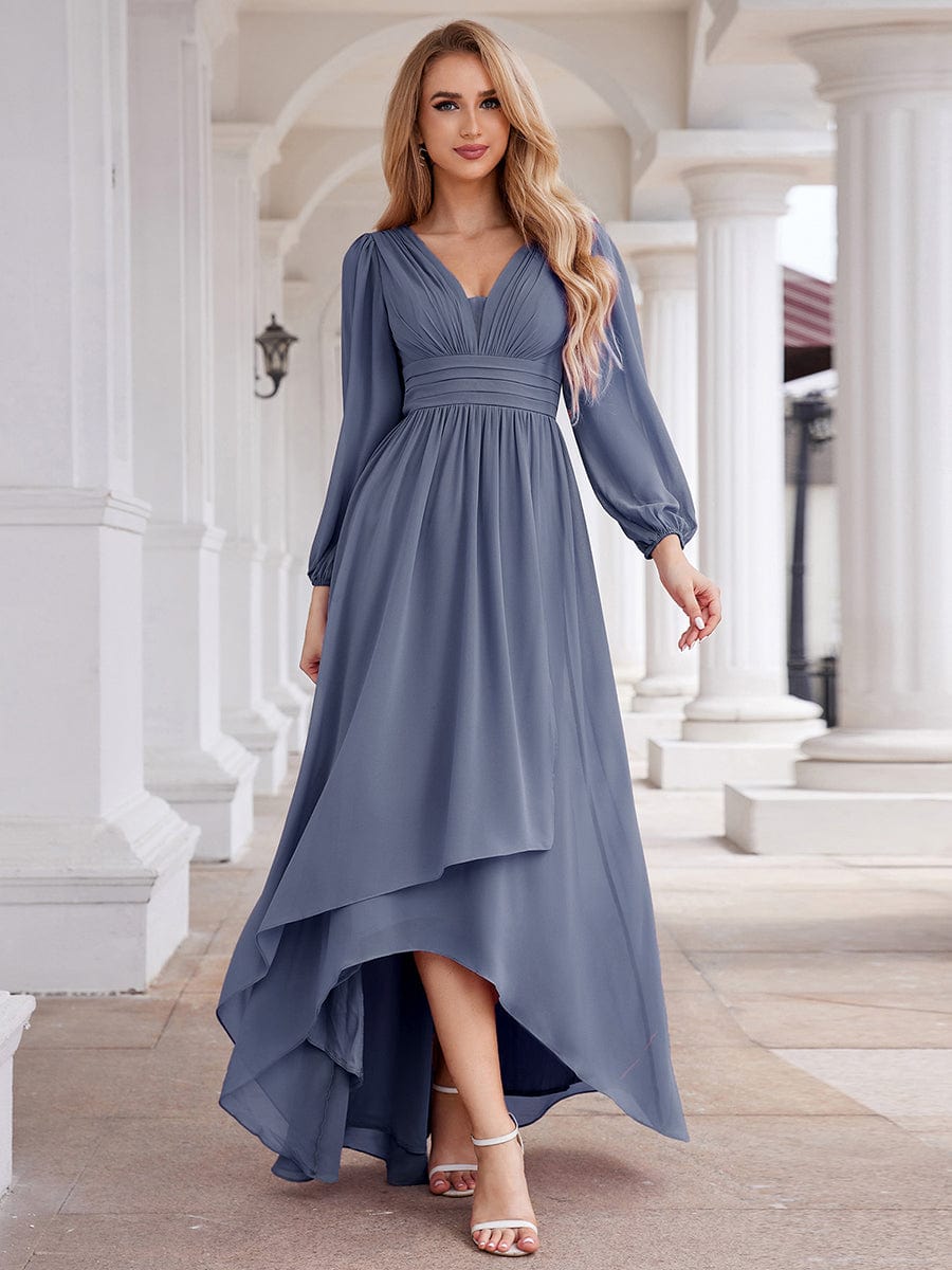 A-Line Pleated See-Through Long Lantern Midi Chiffon Bridesmaid Dress #color_Dusty Navy