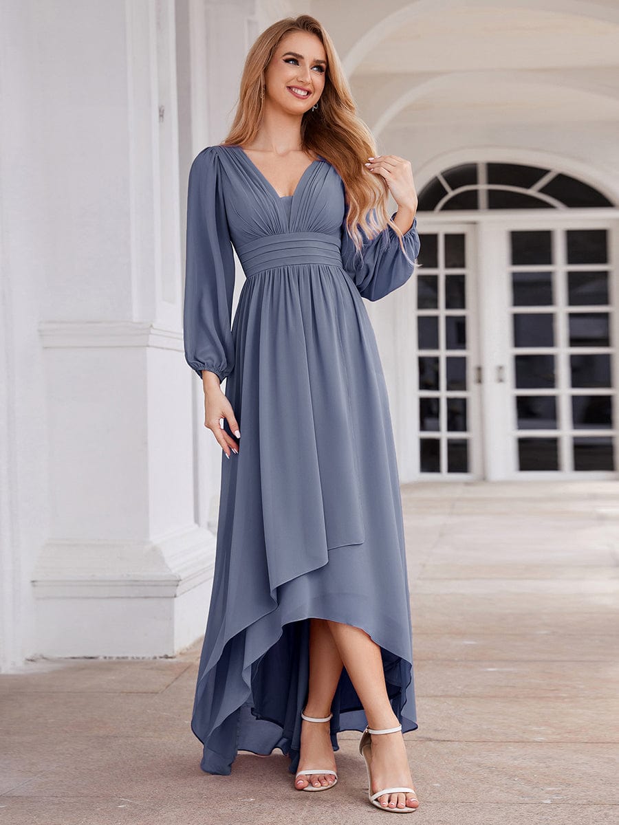 A-Line Pleated See-Through Long Lantern Midi Chiffon Bridesmaid Dress #color_Dusty Navy