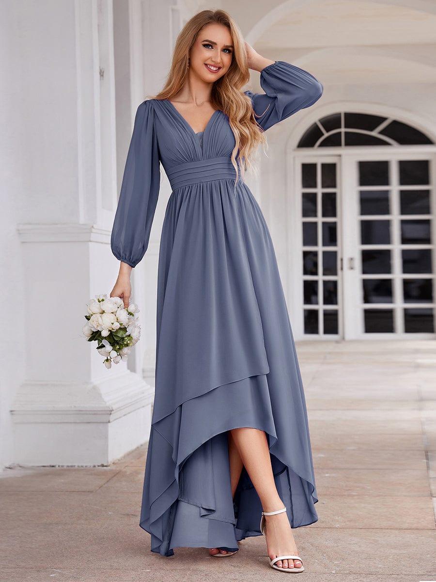 A-Line Pleated See-Through Long Lantern Midi Chiffon Bridesmaid Dress #color_Dusty Navy