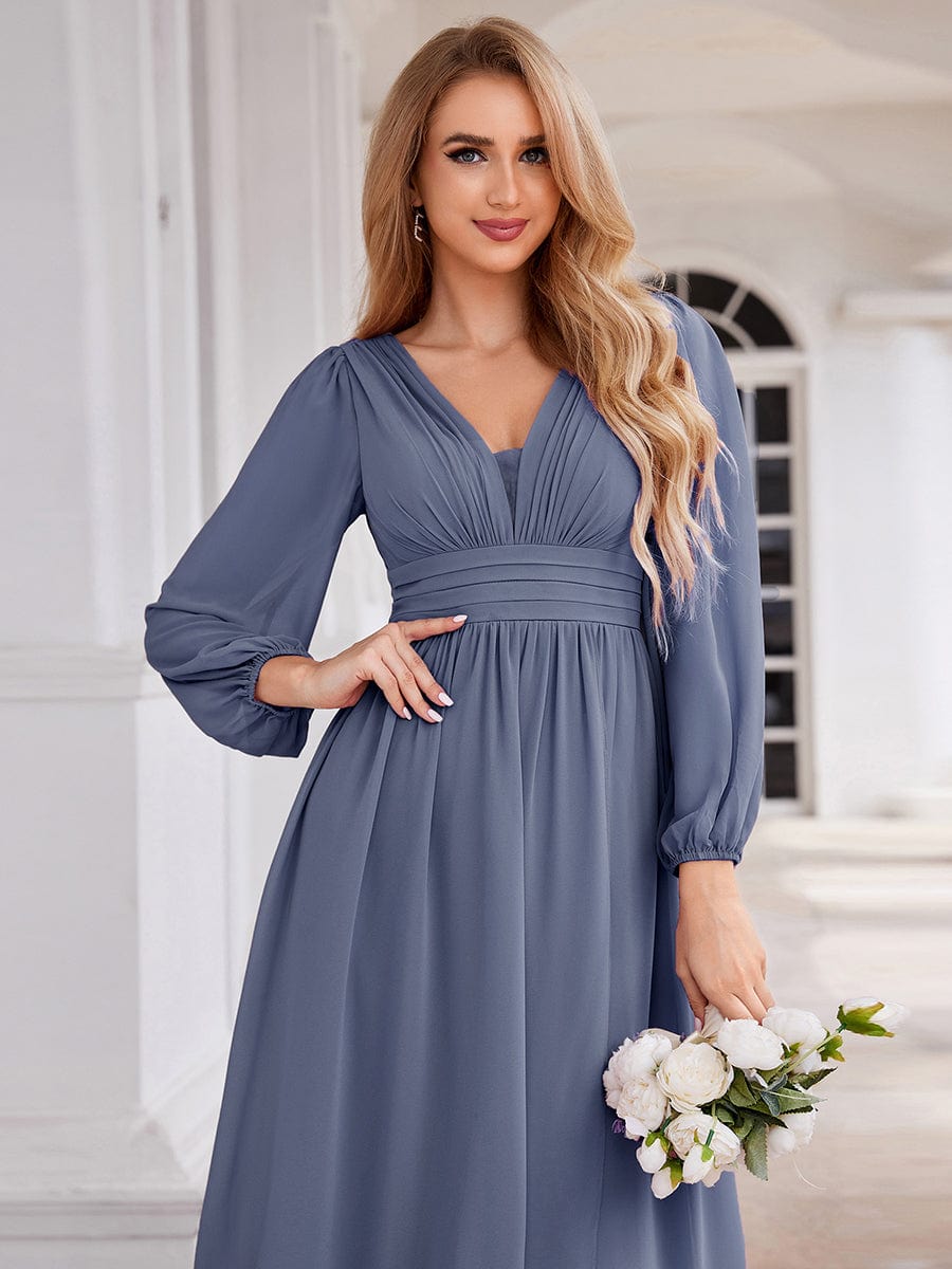 A-Line Pleated See-Through Long Lantern Midi Chiffon Bridesmaid Dress #color_Dusty Navy