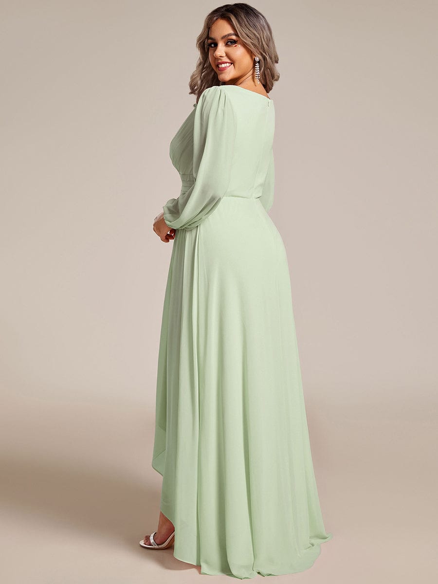 Plus Size V-Neck Long Lantern Sleeves A-Line Chiffon Bridesmaid Dress #color_Mint Green