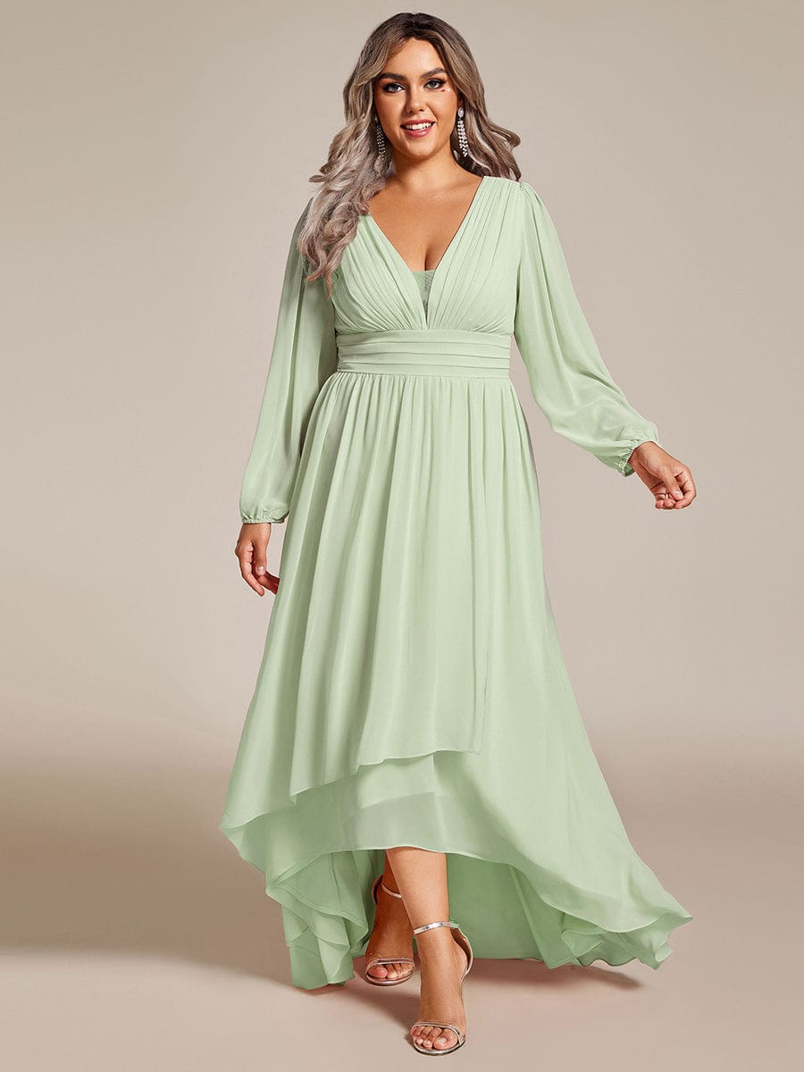 Plus Size V-Neck Long Lantern Sleeves A-Line Chiffon Bridesmaid Dress #color_Mint Green