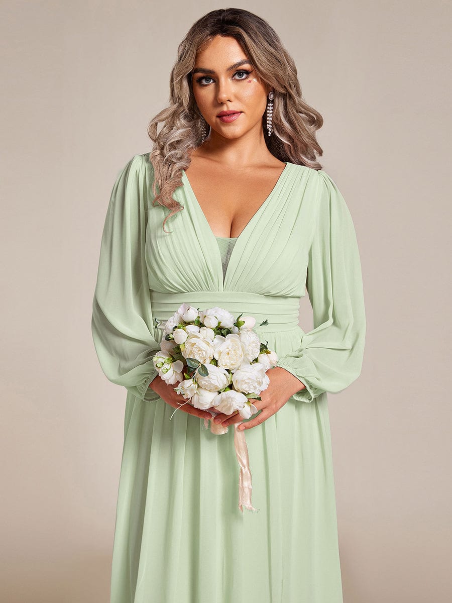 Plus Size V-Neck Long Lantern Sleeves A-Line Chiffon Bridesmaid Dress #color_Mint Green