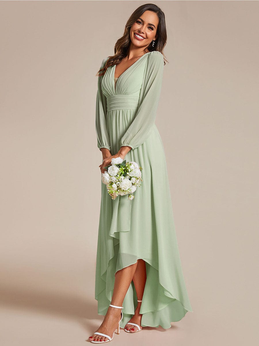 A-Line Pleated See-Through Long Lantern Midi Chiffon Bridesmaid Dress #color_Mint Green