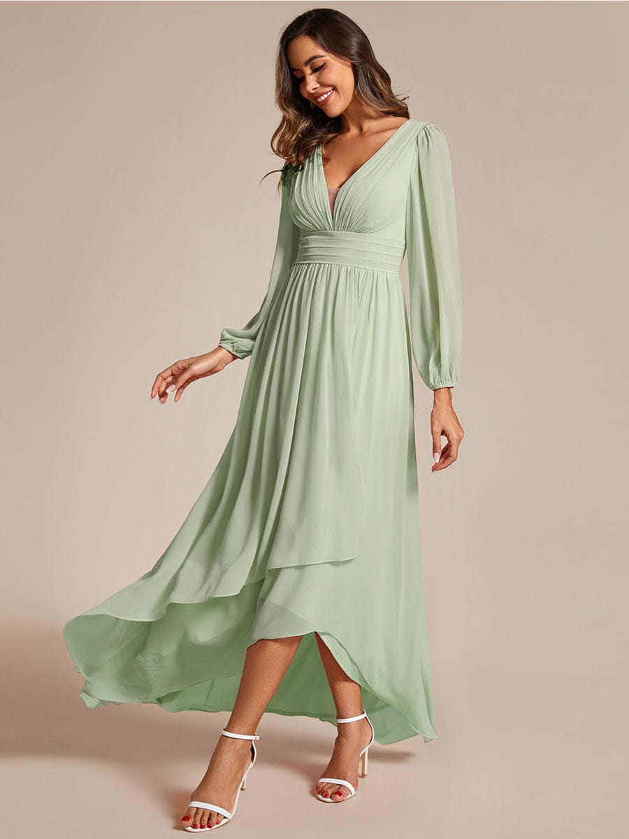 A-Line Pleated See-Through Long Lantern Midi Chiffon Bridesmaid Dress #color_Mint Green