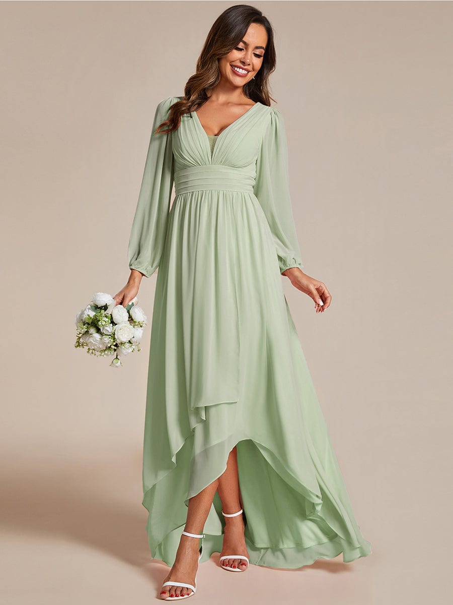 A-Line Pleated See-Through Long Lantern Midi Chiffon Bridesmaid Dress #color_Mint Green