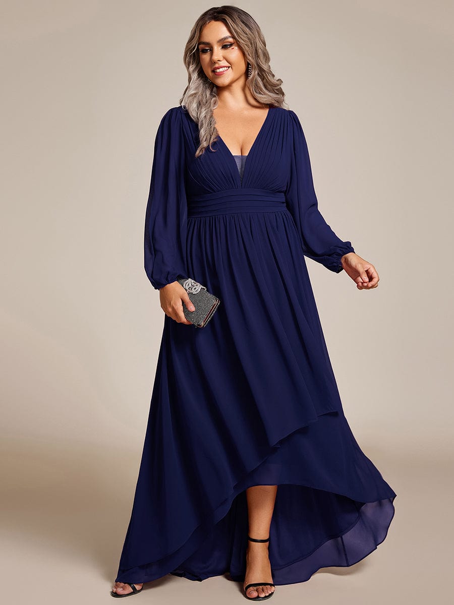 A-Line Pleated See-Through Long Lantern Midi Chiffon Bridesmaid Dress #color_Navy Blue