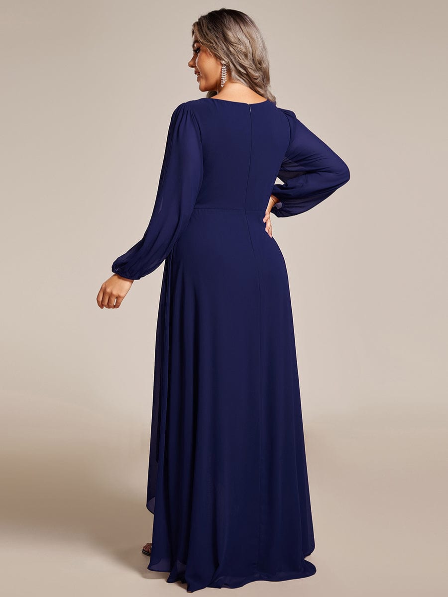 A-Line Pleated See-Through Long Lantern Midi Chiffon Bridesmaid Dress #color_Navy Blue