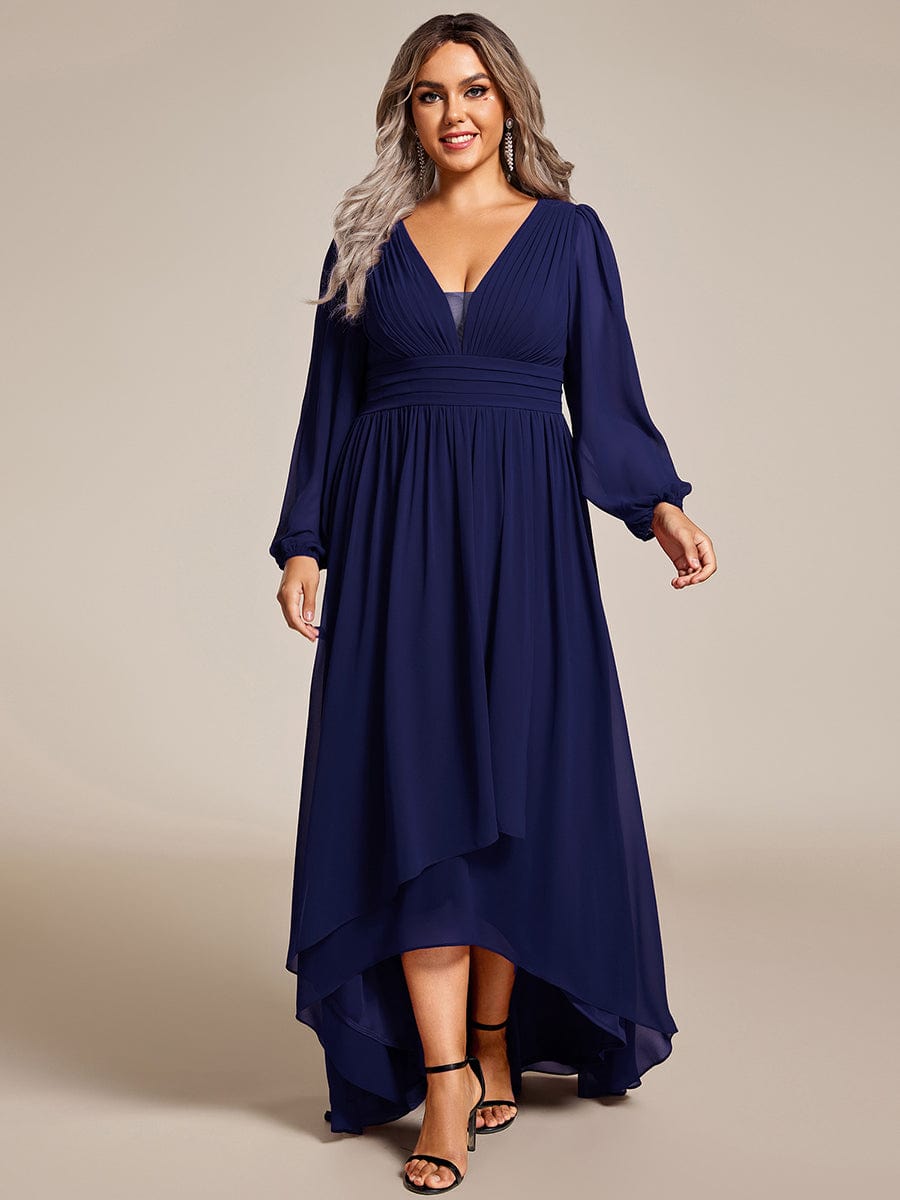 Plus Size V-Neck Long Lantern Sleeves A-Line Chiffon Bridesmaid Dress #color_Navy Blue