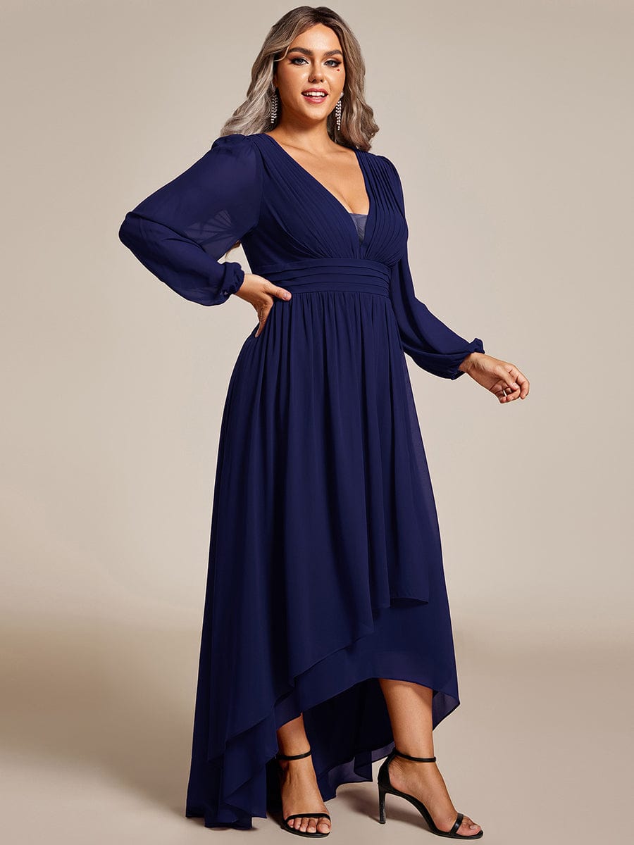 Plus Size V-Neck Long Lantern Sleeves A-Line Chiffon Bridesmaid Dress #color_Navy Blue