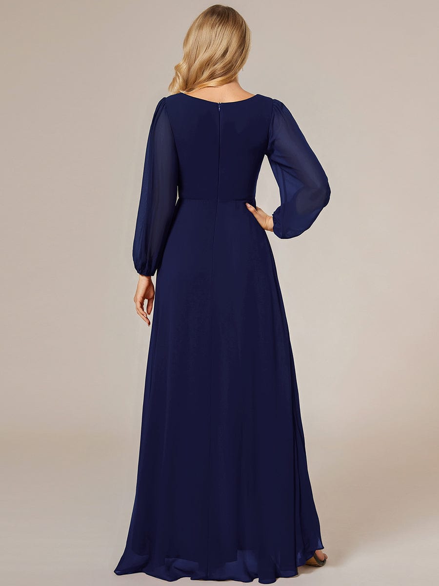 A-Line Pleated See-Through Long Lantern Midi Chiffon Bridesmaid Dress #color_Navy Blue