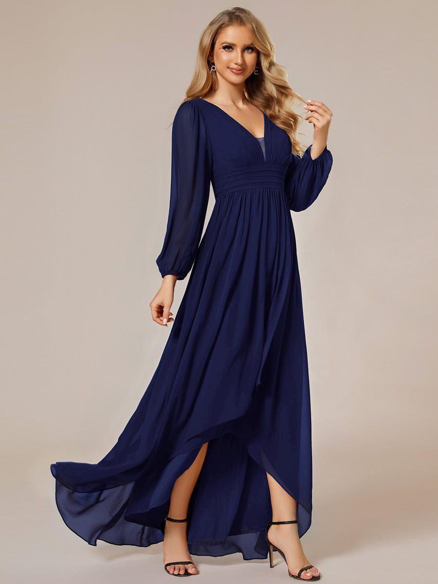 A-Line Pleated See-Through Long Lantern Midi Chiffon Bridesmaid Dress #color_Navy Blue