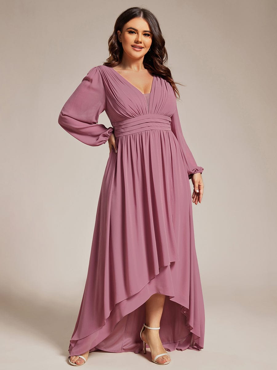 Plus Size V-Neck Long Lantern Sleeves A-Line Chiffon Bridesmaid Dress #color_Purple Orchid