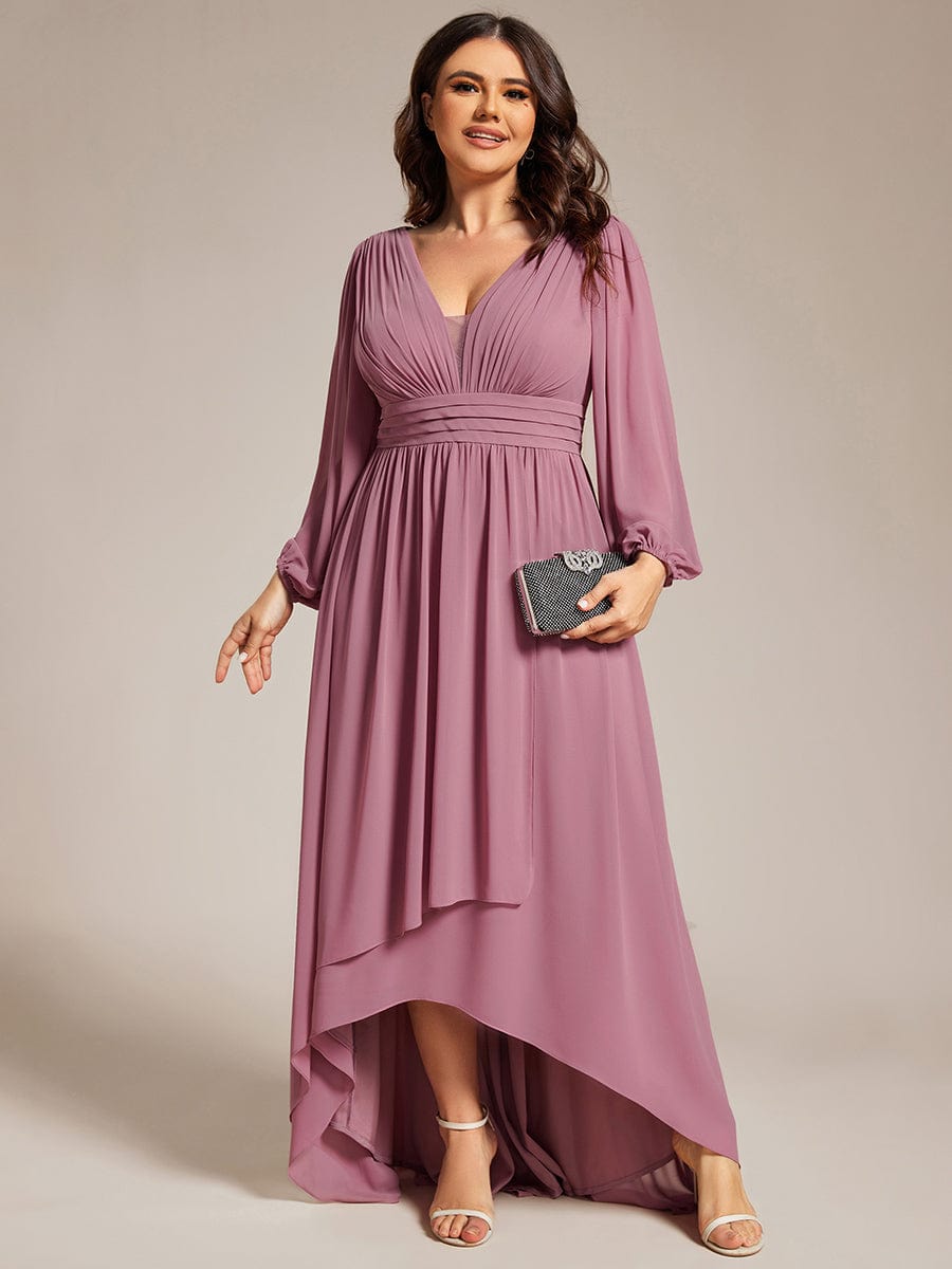 A-Line Pleated See-Through Long Lantern Midi Chiffon Bridesmaid Dress #color_Purple Orchid