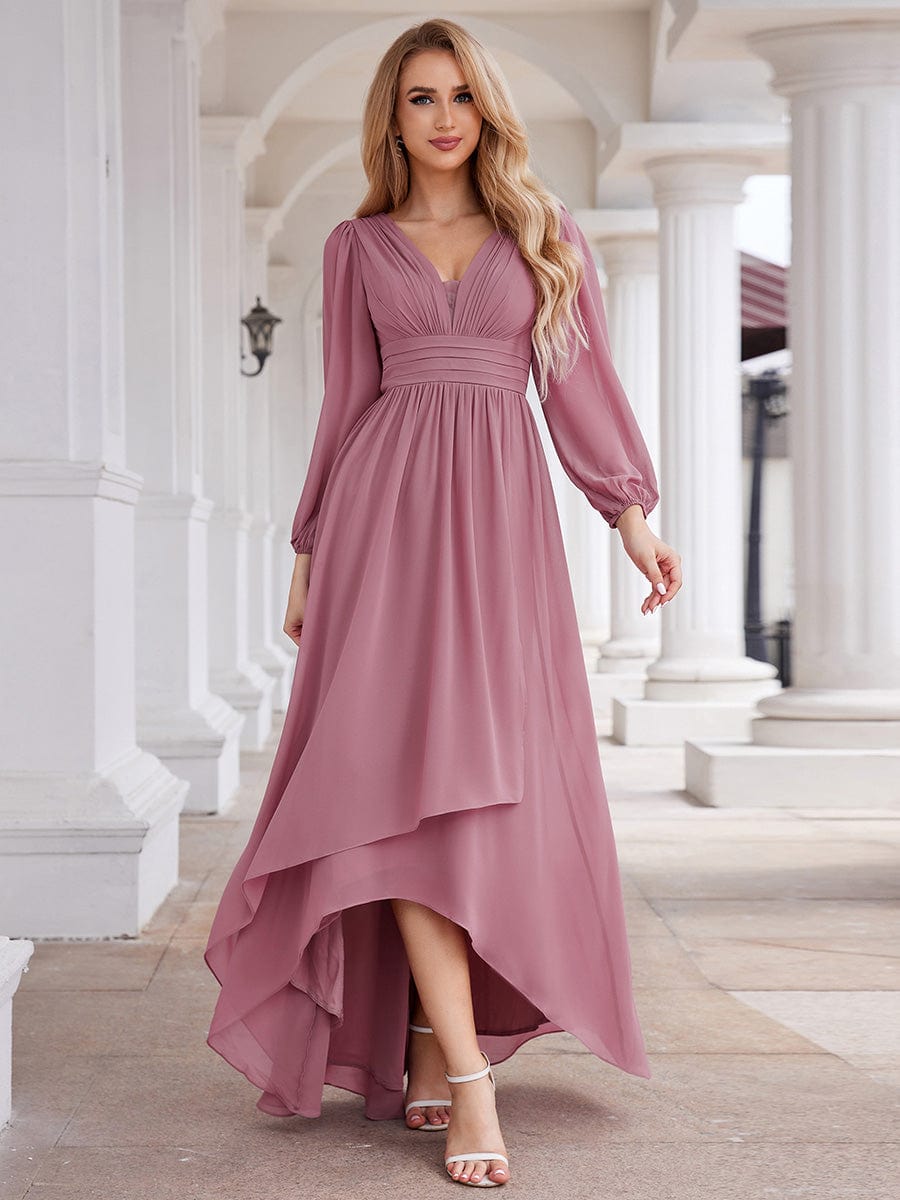 A-Line Pleated See-Through Long Lantern Midi Chiffon Bridesmaid Dress #color_Purple Orchid