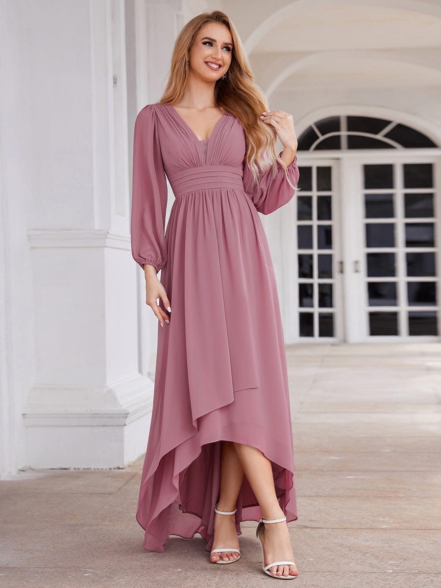 A-Line Pleated See-Through Long Lantern Midi Chiffon Bridesmaid Dress #color_Purple Orchid