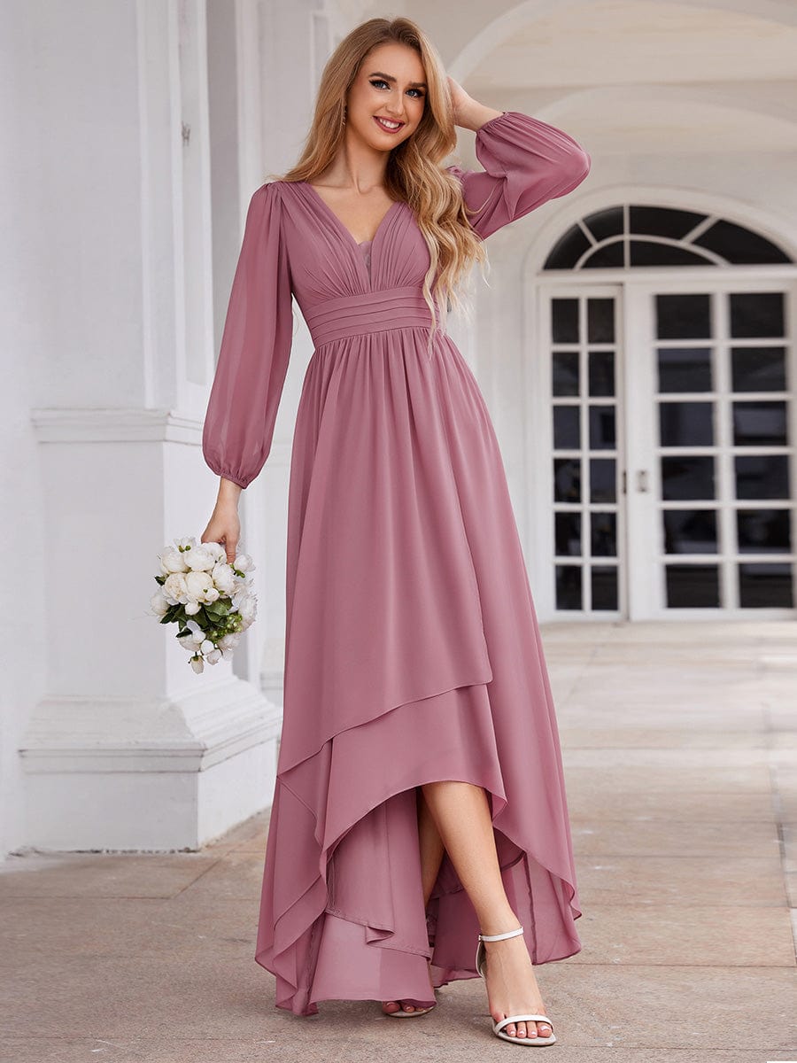 A-Line Pleated See-Through Long Lantern Midi Chiffon Bridesmaid Dress #color_Purple Orchid