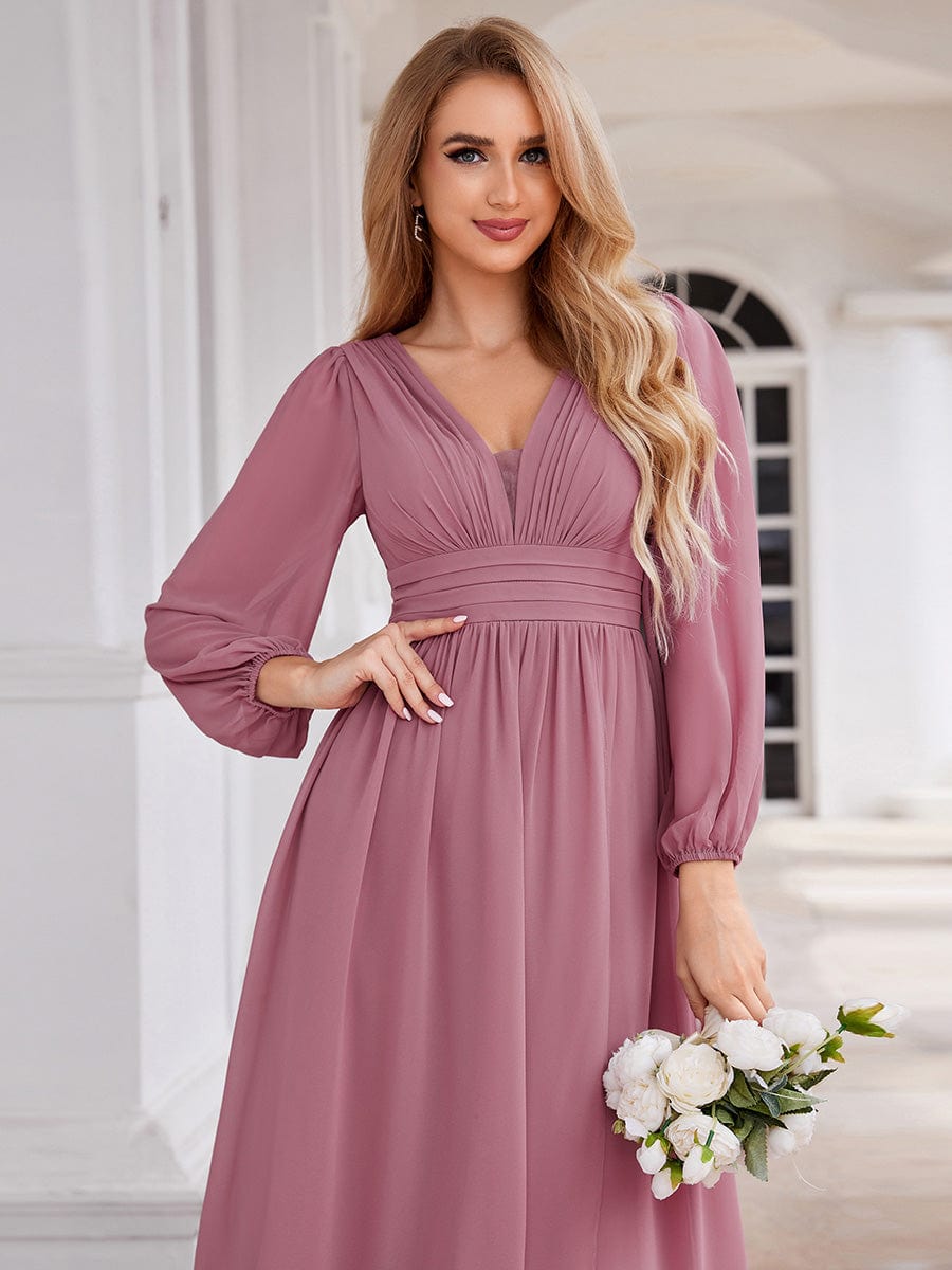 A-Line Pleated See-Through Long Lantern Midi Chiffon Bridesmaid Dress #color_Purple Orchid