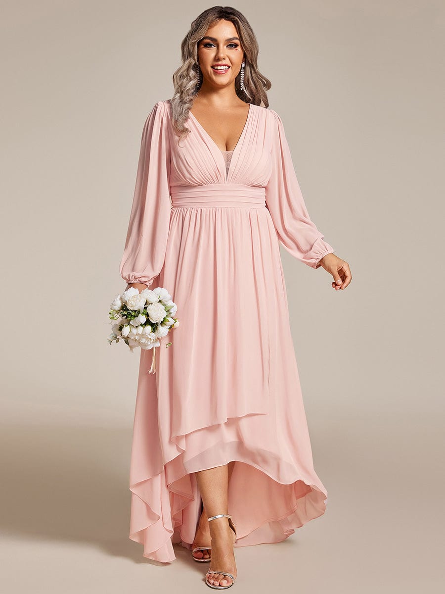 Plus Size V-Neck Long Lantern Sleeves A-Line Chiffon Bridesmaid Dress #color_Pink