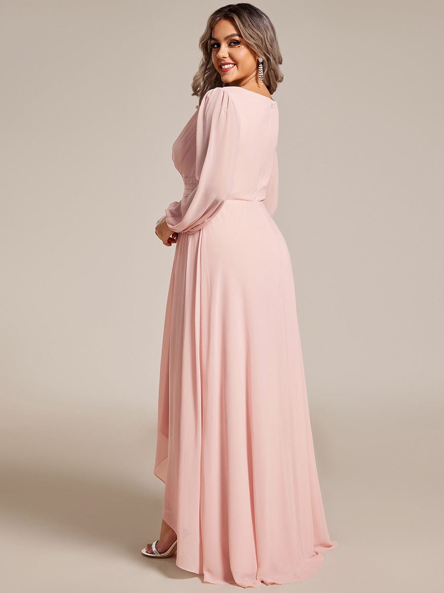 Plus Size V-Neck Long Lantern Sleeves A-Line Chiffon Bridesmaid Dress #color_Pink