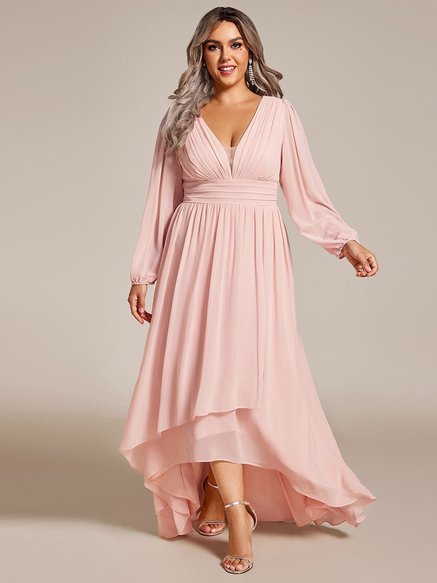 A-Line Pleated See-Through Long Lantern Midi Chiffon Bridesmaid Dress #color_Pink