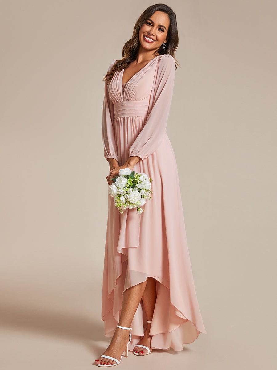 A-Line Pleated See-Through Long Lantern Midi Chiffon Bridesmaid Dress #color_Pink