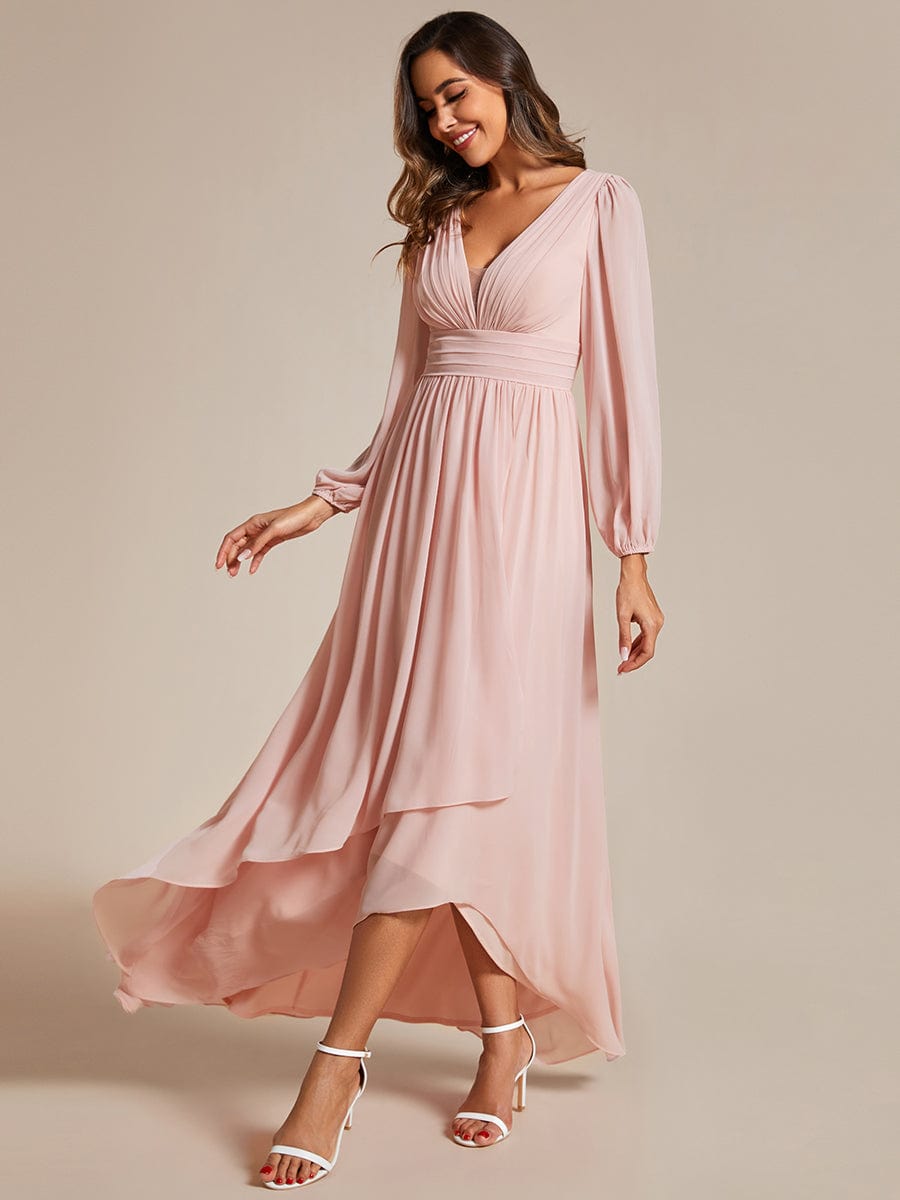 A-Line Pleated See-Through Long Lantern Midi Chiffon Bridesmaid Dress #color_Pink