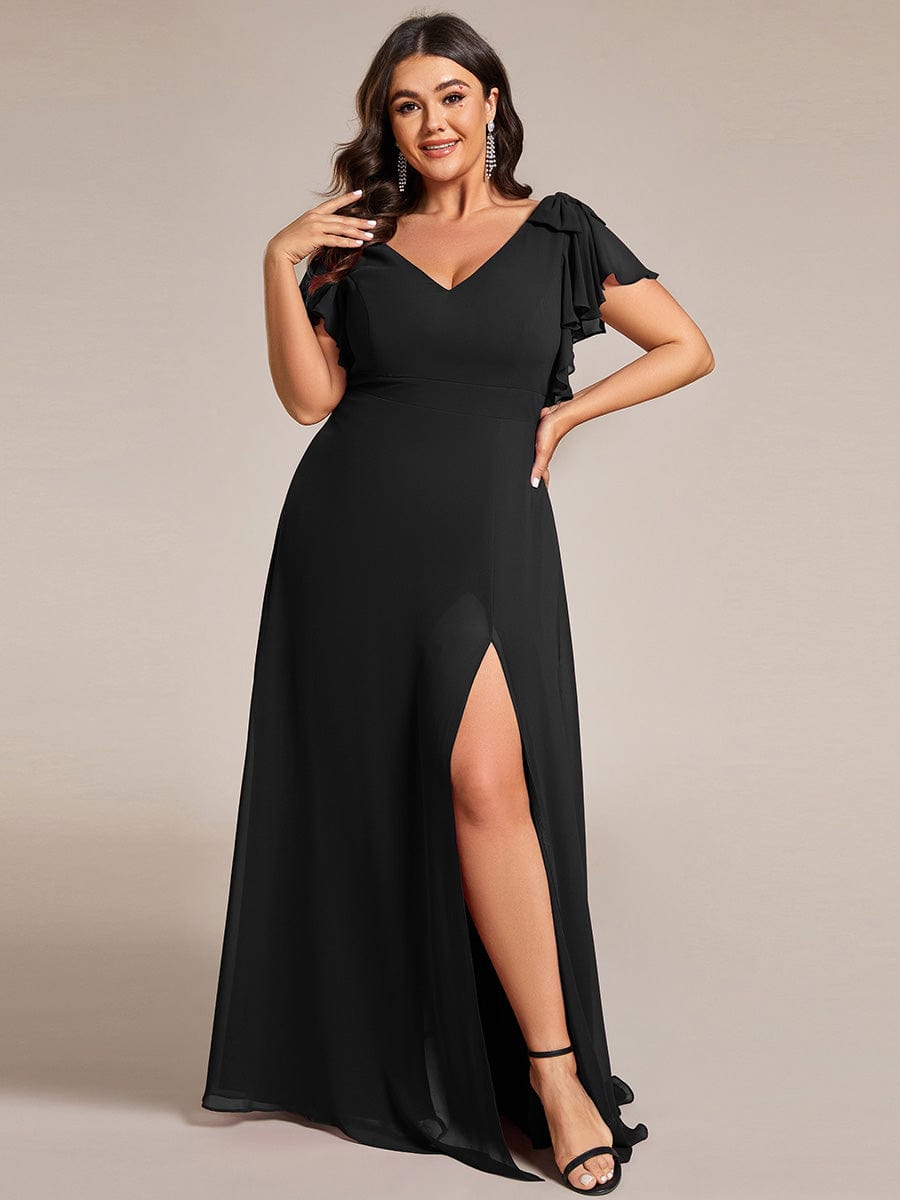 Plus Size Split Ruffles Sleeves with Bowknot Double V-neck Chiffon Bridesmaid Dress #color_Black
