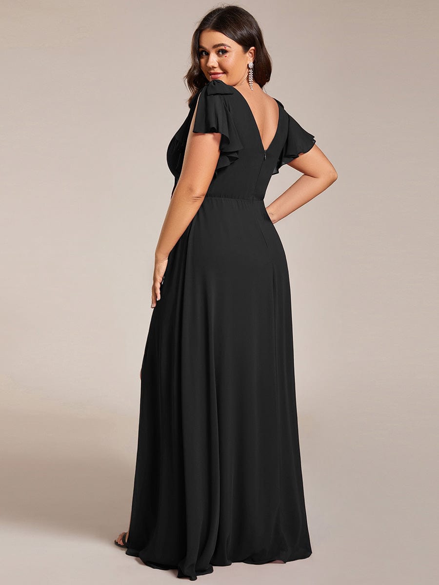 Plus Size Split Ruffles Sleeves with Bowknot Double V-neck Chiffon Bridesmaid Dress #color_Black