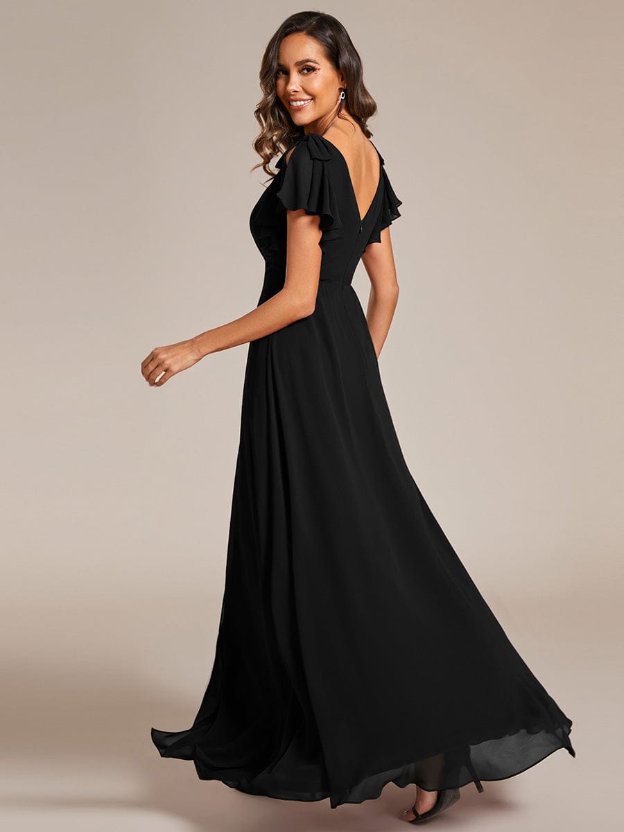 Short Sleeves with Bowknot High Front Slit A-Line Chiffon Bridesmaid Dress #color_Black