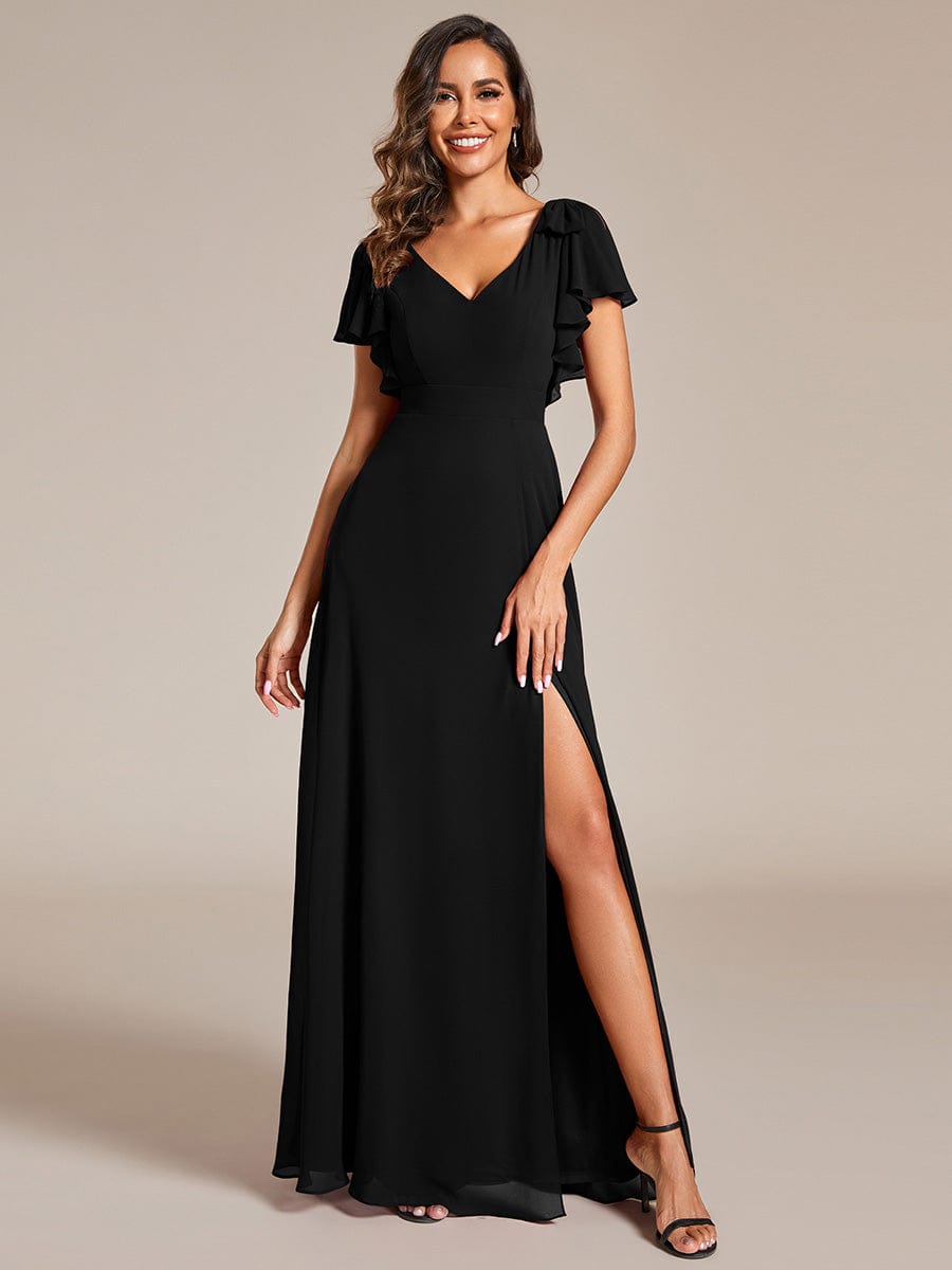 Short Sleeves with Bowknot High Front Slit A-Line Chiffon Bridesmaid Dress #color_Black