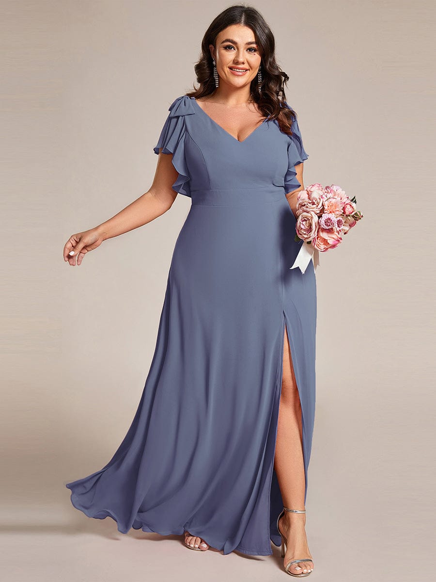 Plus Size Split Ruffles Sleeves with Bowknot Double V-neck Chiffon Bridesmaid Dress #color_Dusty Navy