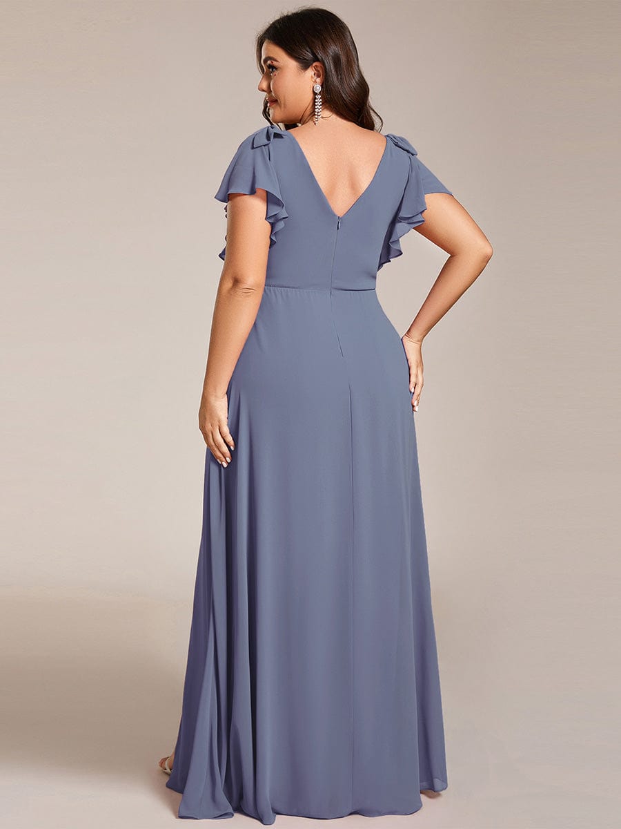 Short Sleeves with Bowknot High Front Slit A-Line Chiffon Bridesmaid Dress #color_Dusty Navy