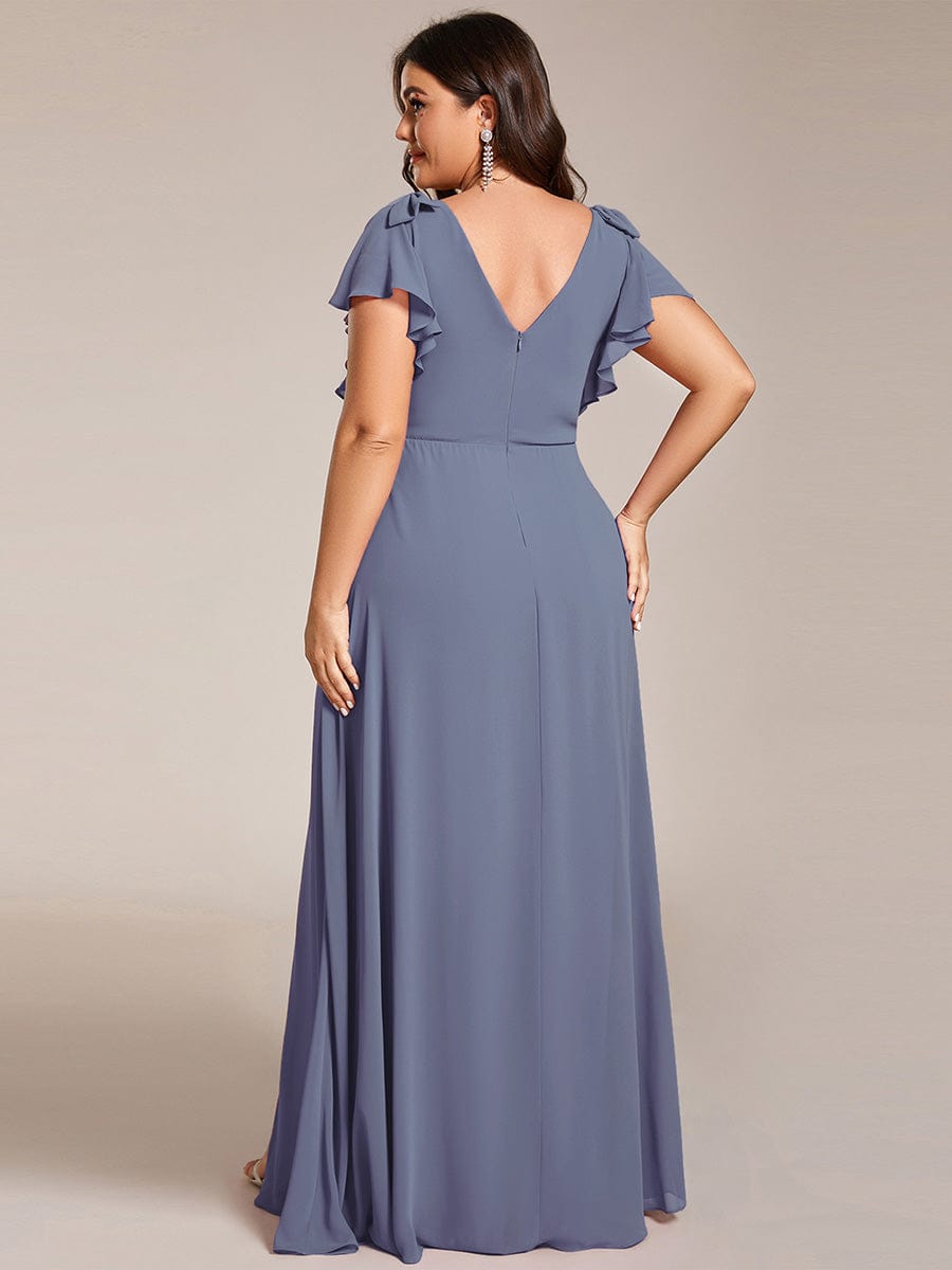 Plus Size Split Ruffles Sleeves with Bowknot Double V-neck Chiffon Bridesmaid Dress #color_Dusty Blue