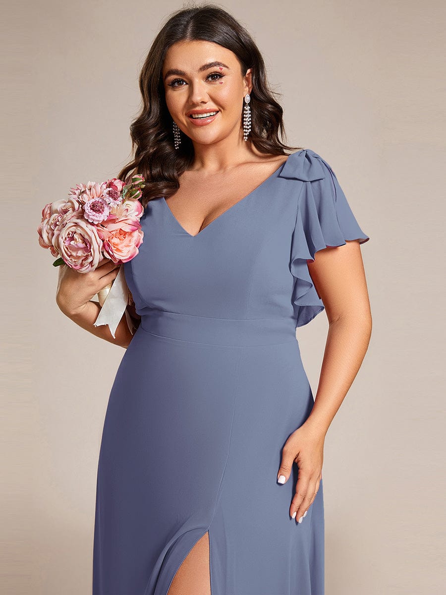 Plus Size Split Ruffles Sleeves with Bowknot Double V-neck Chiffon Bridesmaid Dress #color_Dusty Navy