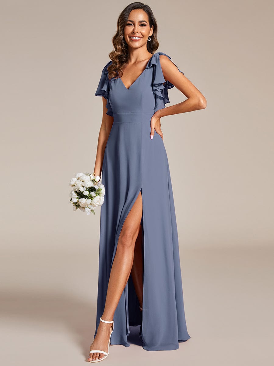 Short Sleeves with Bowknot High Front Slit A-Line Chiffon Bridesmaid Dress #color_Dusty Navy