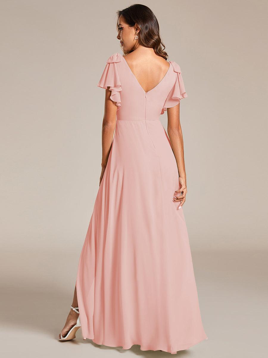 Short Sleeves with Bowknot High Front Slit A-Line Chiffon Bridesmaid Dress #color_Pink