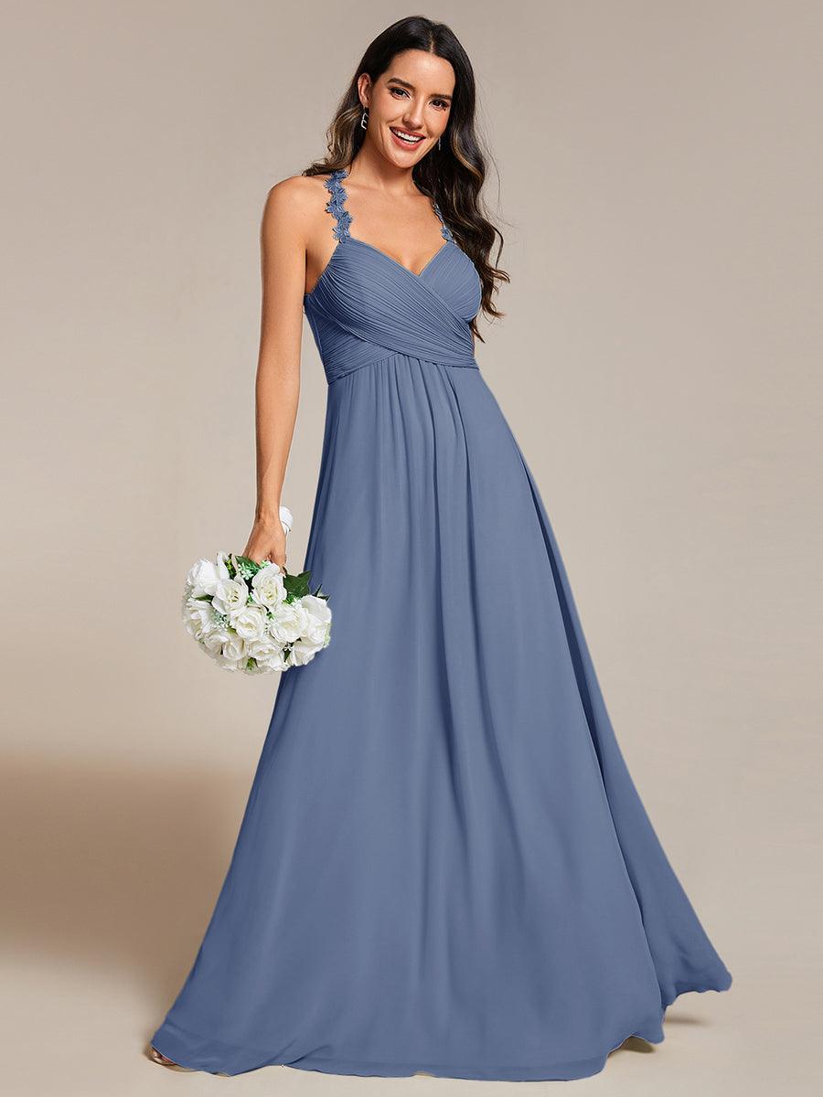 Floral Halter Neck Pleated Backless Bridesmaid Dress in Chiffon #color_Dusty Blue