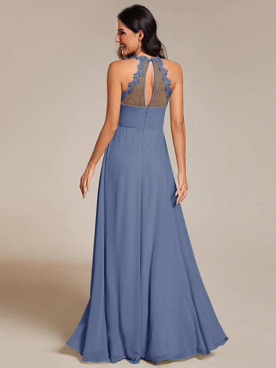 Floral Halter Neck Pleated Backless Bridesmaid Dress in Chiffon #color_Dusty Blue