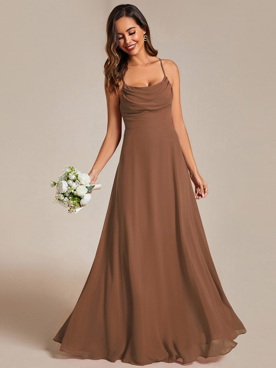 Custom Size Adjustable Spaghetti Strap Chiffon A-Line Bridesmaid Dresses #color_Brown